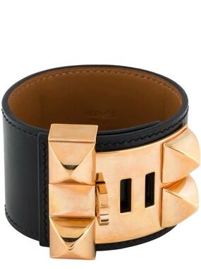 Hermes Black Leather Collier de Chien Wide Bracelet with Gold Hardware